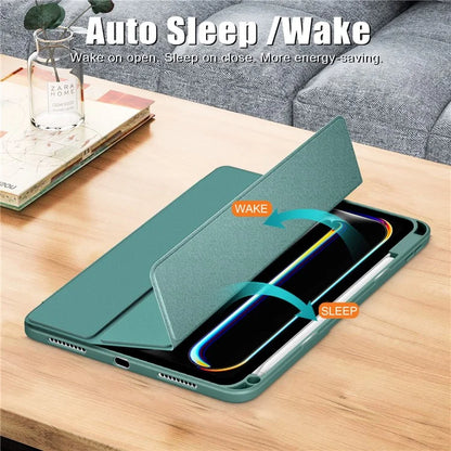 For iPad Pro 11 (2024) Case PU Leather Tri-Fold Stand Tablet Cover Clear Back Auto Wake / Sleepish Green
