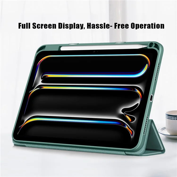 For iPad Pro 11 (2024) Case PU Leather Tri-Fold Stand Tablet Cover Clear Back Auto Wake / Sleepish Green