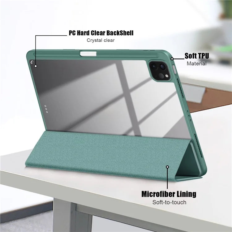 For iPad Pro 11 (2024) Case PU Leather Tri-Fold Stand Tablet Cover Clear Back Auto Wake / Sleepish Green