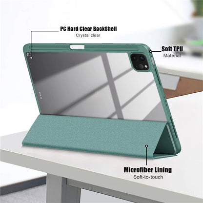 For iPad Pro 11 (2024) Case PU Leather Tri-Fold Stand Tablet Cover Clear Back Auto Wake / Sleepish Green