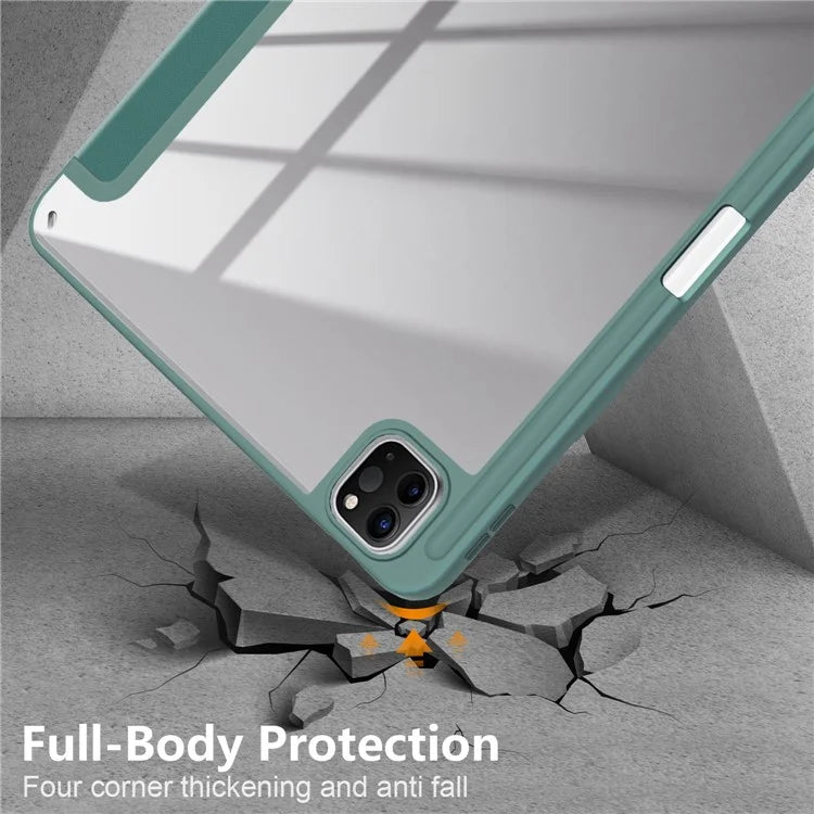 For iPad Pro 11 (2024) Case PU Leather Tri-Fold Stand Tablet Cover Clear Back Auto Wake / Sleepish Green