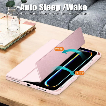For iPad Pro 11 (2024) Case PU Leather Tri-Fold Stand Tablet Cover Clear Back Auto Wake / Sleep
