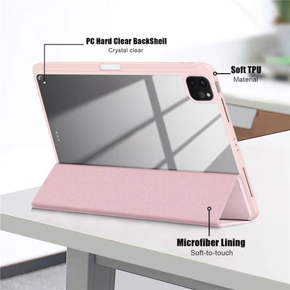 For iPad Pro 11 (2024) Case PU Leather Tri-Fold Stand Tablet Cover Clear Back Auto Wake / Sleep