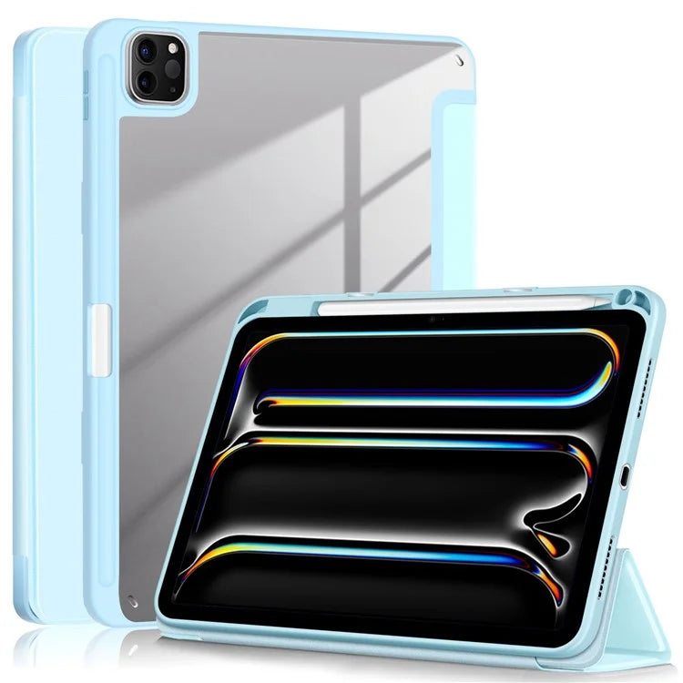For iPad Pro 11 (2024) Case PU Leather Tri-Fold Stand Tablet Cover Clear Back Auto Wake / Sleep