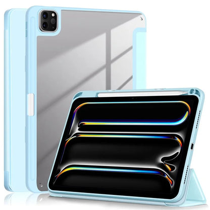 For iPad Pro 11 (2024) Case PU Leather Tri-Fold Stand Tablet Cover Clear Back Auto Wake / Sleep