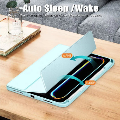 For iPad Pro 11 (2024) Case PU Leather Tri-Fold Stand Tablet Cover Clear Back Auto Wake / Sleep