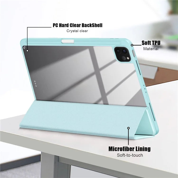 For iPad Pro 11 (2024) Case PU Leather Tri-Fold Stand Tablet Cover Clear Back Auto Wake / Sleep