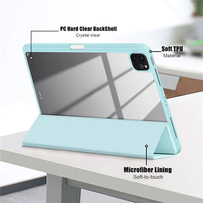 For iPad Pro 11 (2024) Case PU Leather Tri-Fold Stand Tablet Cover Clear Back Auto Wake / Sleep