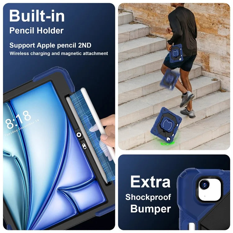 C3 for iPad Air 13 (2024) Case with Shoulder Strap Silicone+PC Kickstand Tablet Cover