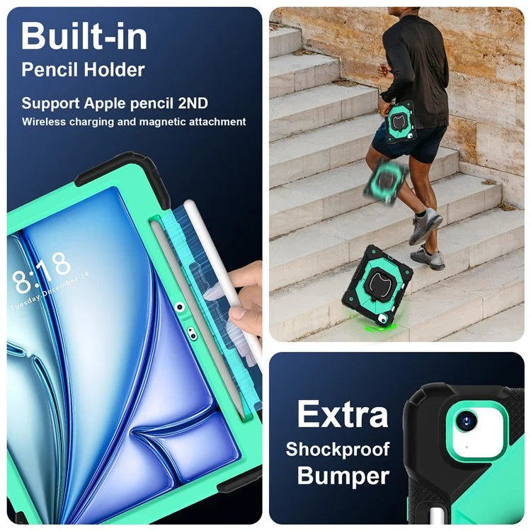 C3 for iPad Air 13 (2024) Case with Shoulder Strap Silicone+PC Kickstand Tablet Cover