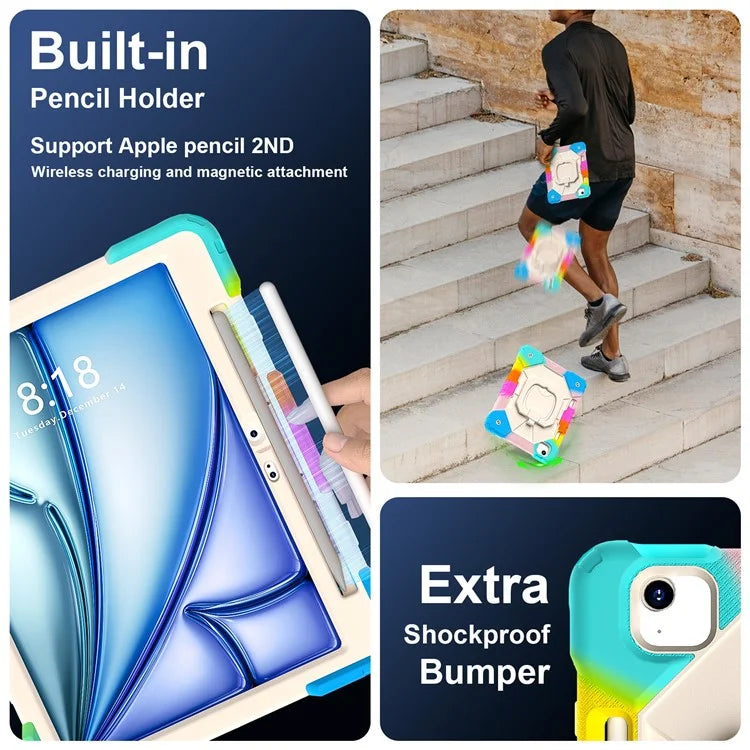 C3 for iPad Air 13 (2024) Case with Shoulder Strap Silicone+PC Kickstand Tablet Cover