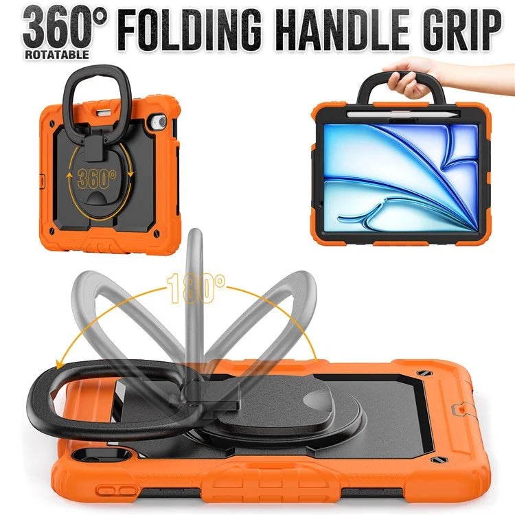 For iPad Air 11 (2024) Case PC+Silicone Tablet Cover with Shoulder Strap Rotating Grip Handle