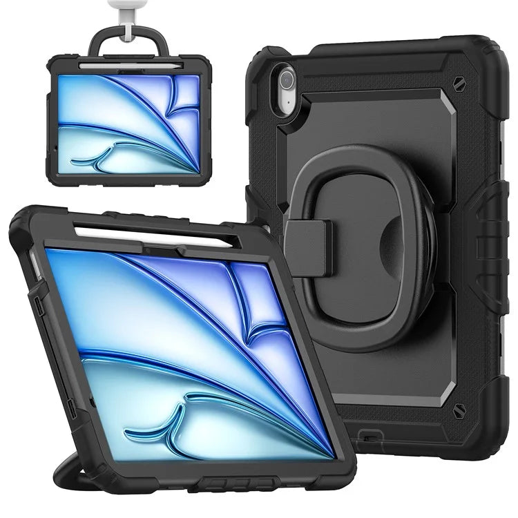 For iPad Air 11 (2024) Case PC+Silicone Tablet Cover with Shoulder Strap Rotating Grip Handle