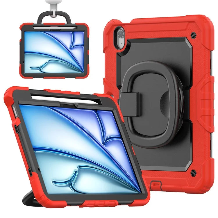 For iPad Air 11 (2024) Case PC+Silicone Tablet Cover with Shoulder Strap Rotating Grip Handle
