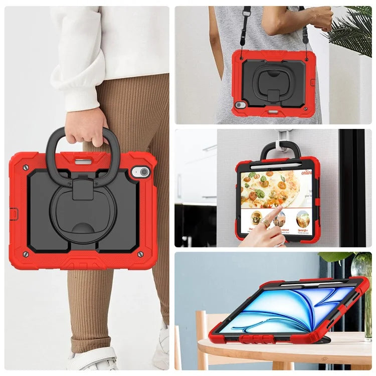 For iPad Air 11 (2024) Case PC+Silicone Tablet Cover with Shoulder Strap Rotating Grip Handle