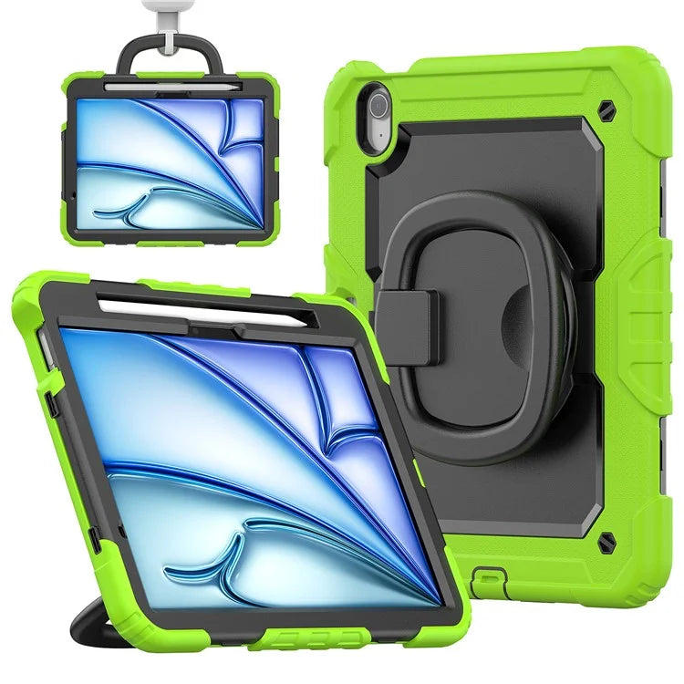 For iPad Air 11 (2024) Case PC+Silicone Tablet Cover with Shoulder Strap Rotating Grip Handle