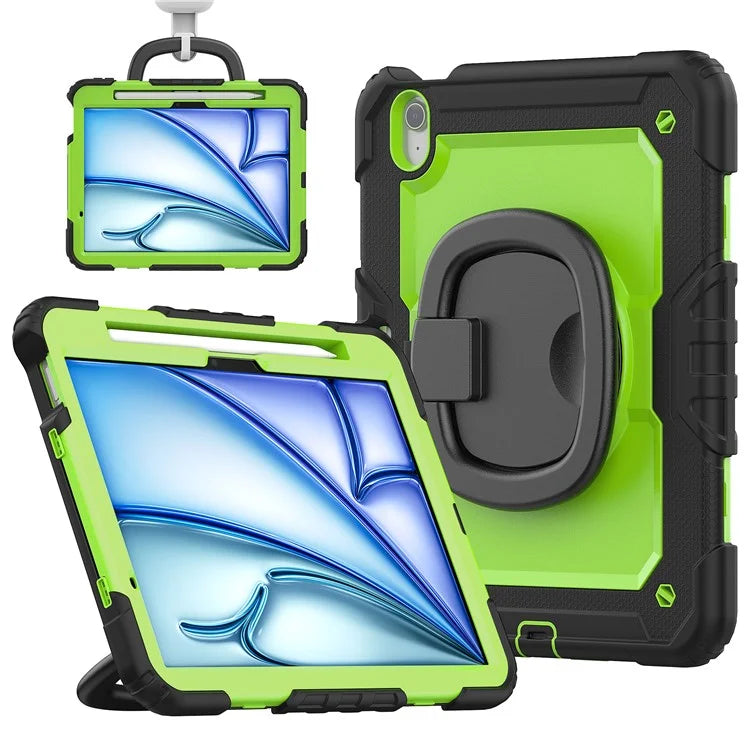 For iPad Air 11 (2024) Case PC+Silicone Tablet Cover with Shoulder Strap Rotating Grip Handle / Black