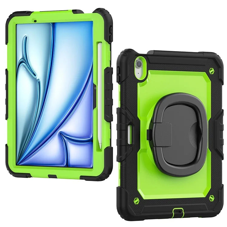 For iPad Air 11 (2024) Case PC+Silicone Tablet Cover with Shoulder Strap Rotating Grip Handle / Black