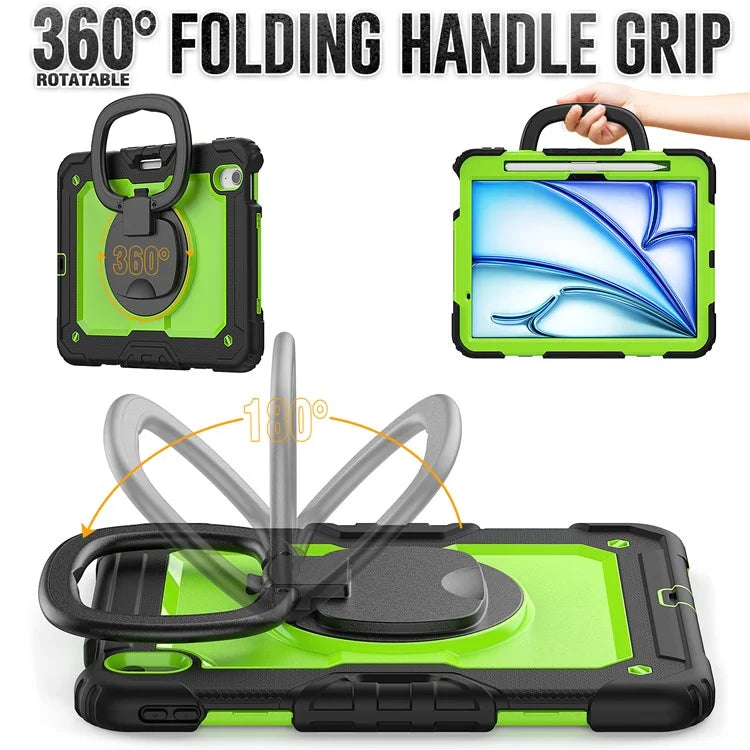 For iPad Air 11 (2024) Case PC+Silicone Tablet Cover with Shoulder Strap Rotating Grip Handle / Black