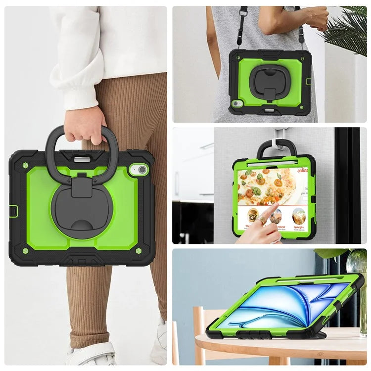 For iPad Air 11 (2024) Case PC+Silicone Tablet Cover with Shoulder Strap Rotating Grip Handle / Black