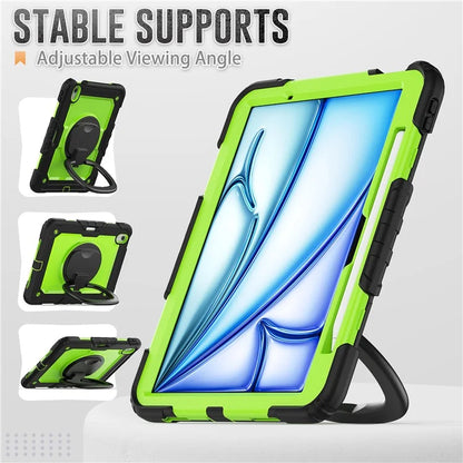 For iPad Air 11 (2024) Case PC+Silicone Tablet Cover with Shoulder Strap Rotating Grip Handle / Black