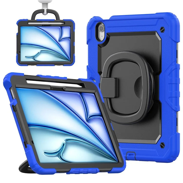 For iPad Air 11 (2024) Case PC+Silicone Tablet Cover with Shoulder Strap Rotating Grip Handle