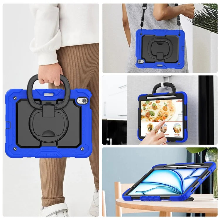 For iPad Air 11 (2024) Case PC+Silicone Tablet Cover with Shoulder Strap Rotating Grip Handle