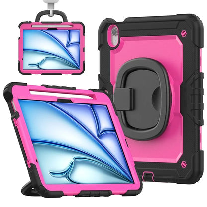 For iPad Air 11 (2024) Case PC+Silicone Tablet Cover with Shoulder Strap Rotating Grip Handle / Black