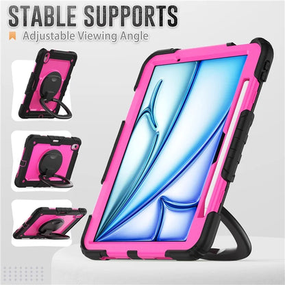 For iPad Air 11 (2024) Case PC+Silicone Tablet Cover with Shoulder Strap Rotating Grip Handle / Black