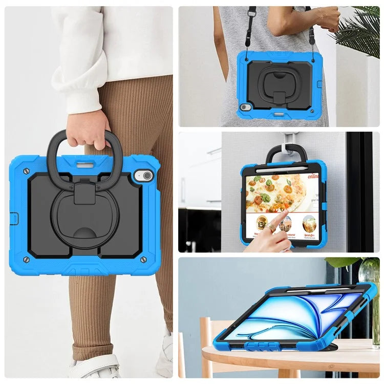 For iPad Air 11 (2024) Case PC+Silicone Tablet Cover with Shoulder Strap Rotating Grip Handle