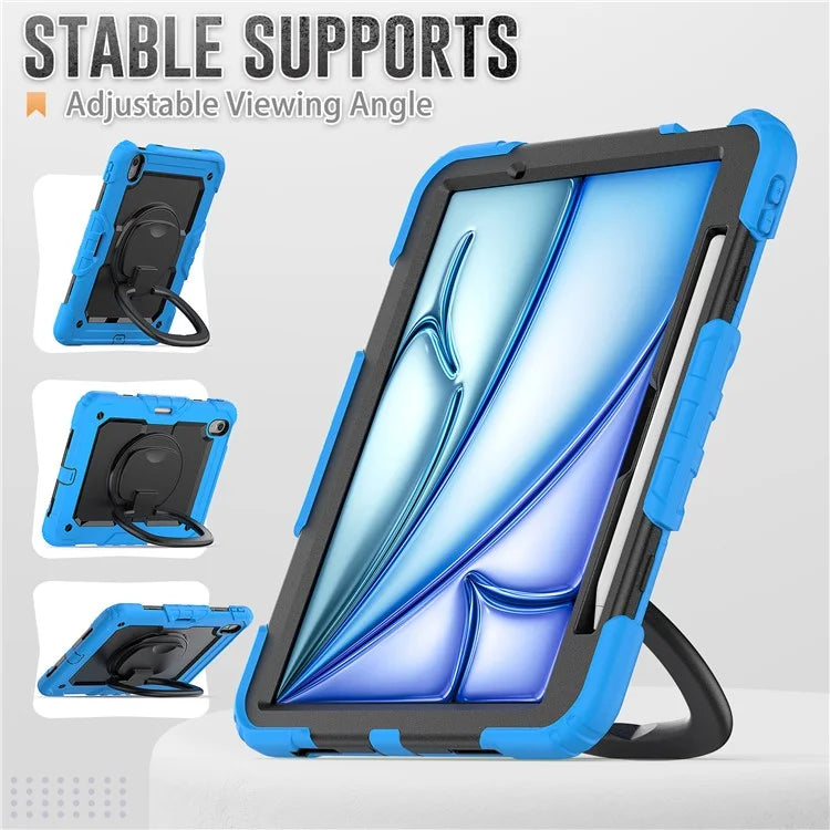 For iPad Air 11 (2024) Case PC+Silicone Tablet Cover with Shoulder Strap Rotating Grip Handle