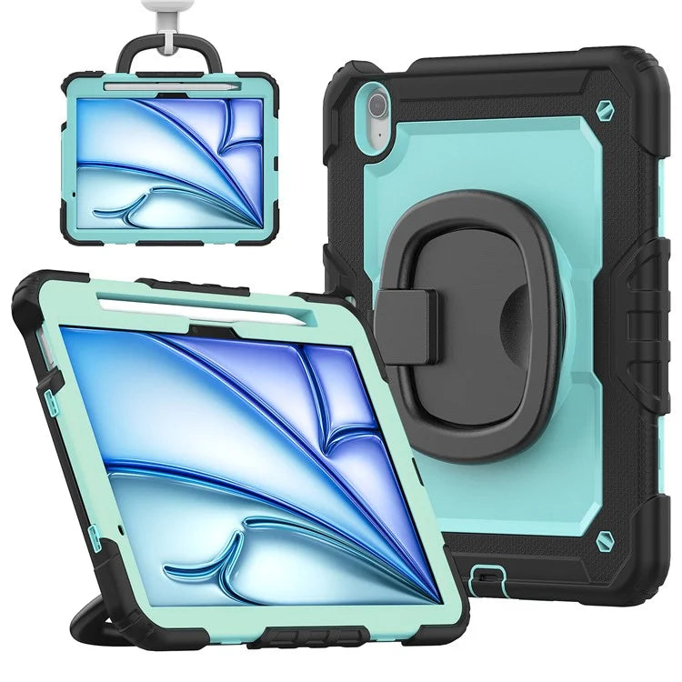 For iPad Air 11 (2024) Case PC+Silicone Tablet Cover with Shoulder Strap Rotating Grip Handle / Black