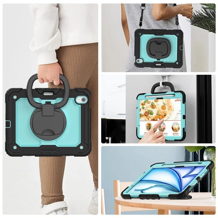 For iPad Air 11 (2024) Case PC+Silicone Tablet Cover with Shoulder Strap Rotating Grip Handle / Black