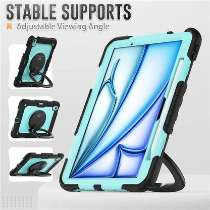 For iPad Air 11 (2024) Case PC+Silicone Tablet Cover with Shoulder Strap Rotating Grip Handle / Black