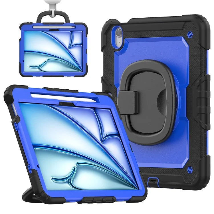 For iPad Air 11 (2024) Case PC+Silicone Tablet Cover with Shoulder Strap Rotating Grip Handle / Black