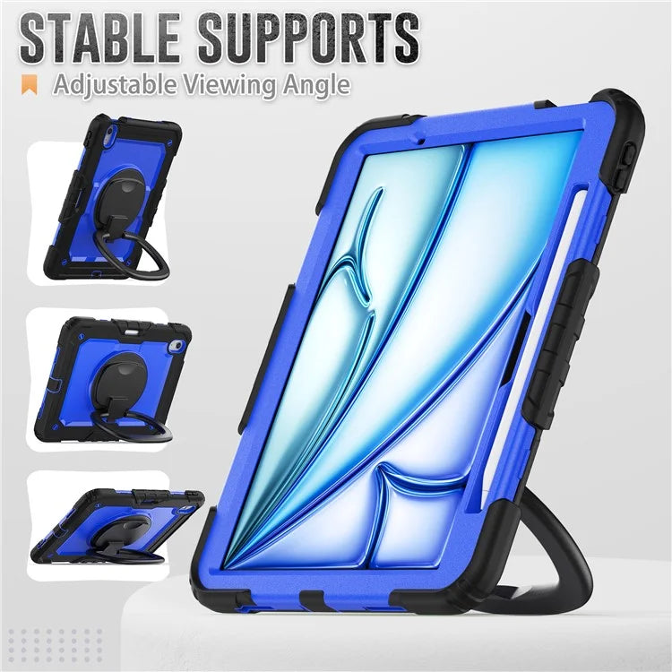 For iPad Air 11 (2024) Case PC+Silicone Tablet Cover with Shoulder Strap Rotating Grip Handle / Black