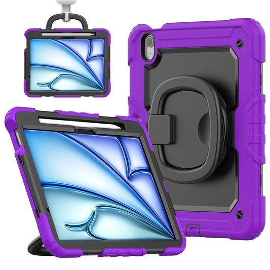 For iPad Air 11 (2024) Case PC+Silicone Tablet Cover with Shoulder Strap Rotating Grip Handle