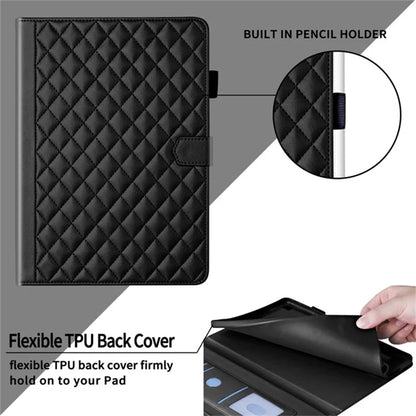 For iPad Pro 11 (2024) Case Rhombus Grid PU Leather Stand Tablet Cover with Card Slotish Green