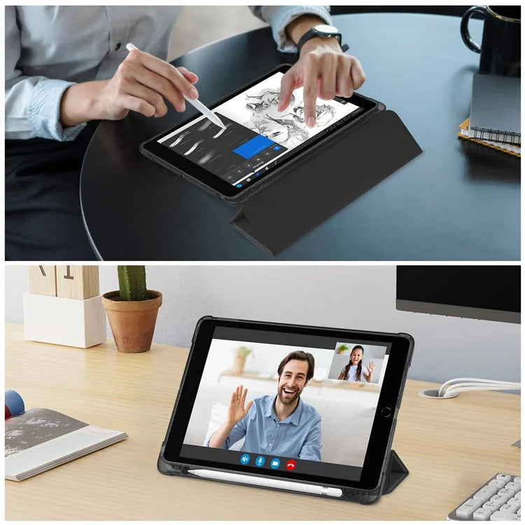 For iPad 10.2 (2021) / (2019) / (2020) Case Tri-Fold Stand Leather Tablet Cover with Pencil Holder