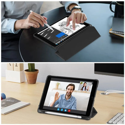 For iPad 10.2 (2021) / (2019) / (2020) Case Tri-Fold Stand Leather Tablet Cover with Pencil Holder