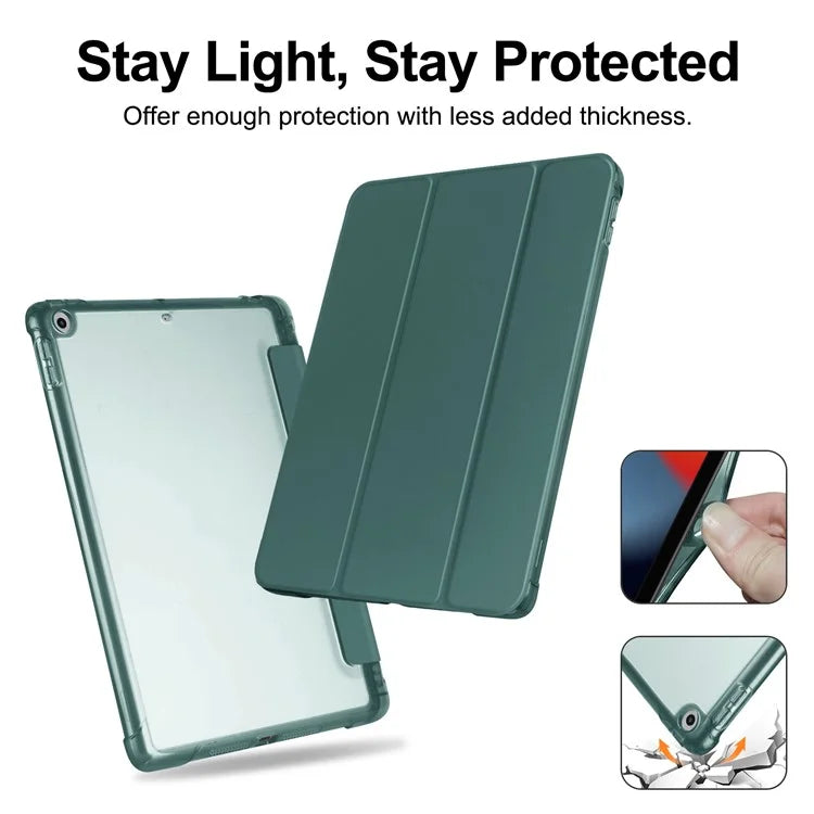 For iPad 10.2 (2021) / (2019) / (2020) Case Tri-Fold Stand Leather Tablet Cover with Pencil Holderish Green