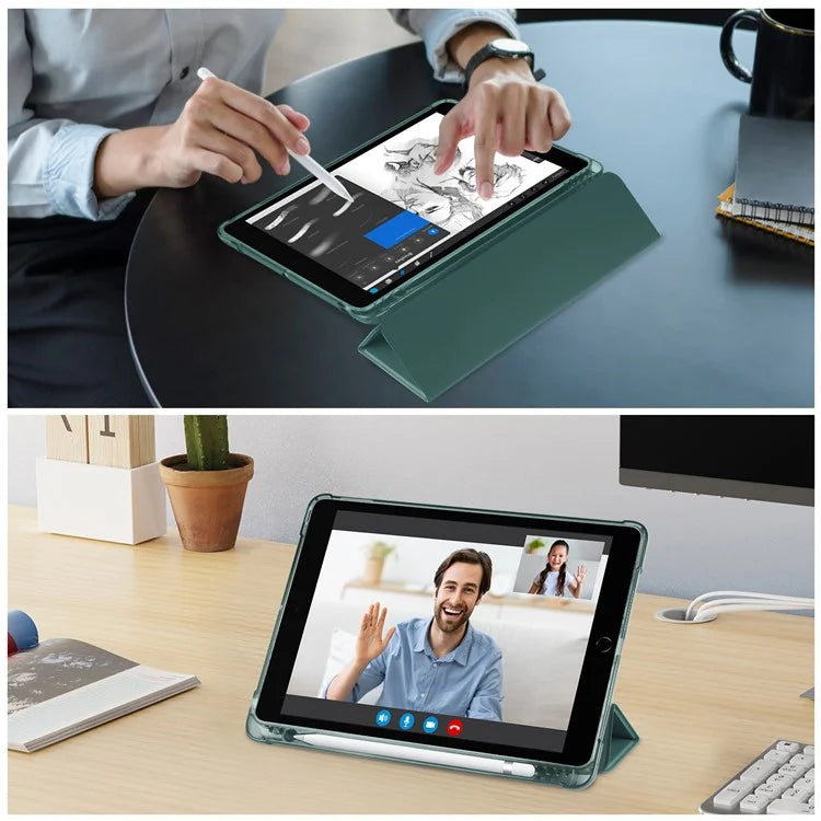 For iPad 10.2 (2021) / (2019) / (2020) Case Tri-Fold Stand Leather Tablet Cover with Pencil Holderish Green