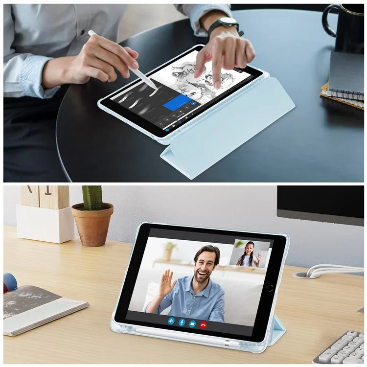 For iPad 10.2 (2021) / (2019) / (2020) Case Tri-Fold Stand Leather Tablet Cover with Pencil Holder