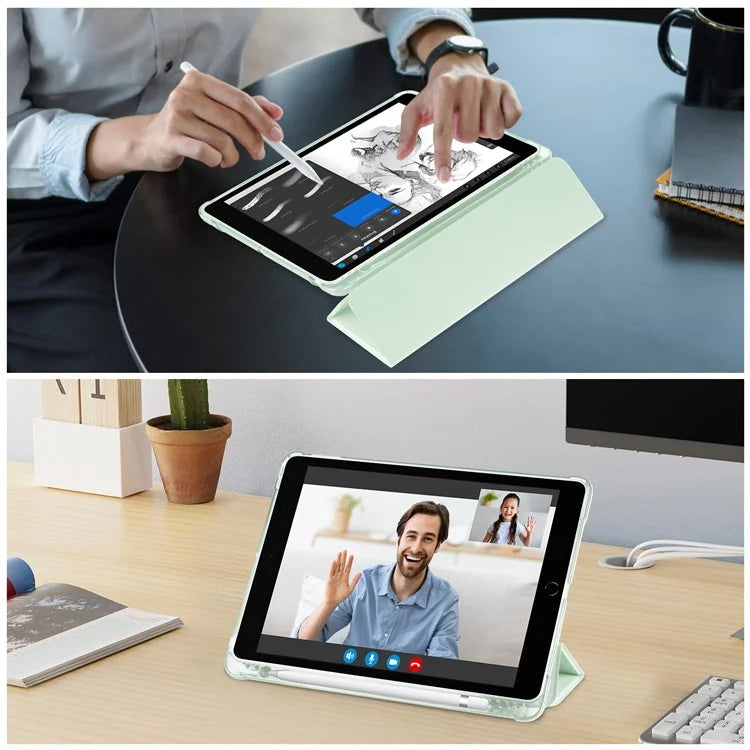 For iPad 10.2 (2021) / (2019) / (2020) Case Tri-Fold Stand Leather Tablet Cover with Pencil Holder