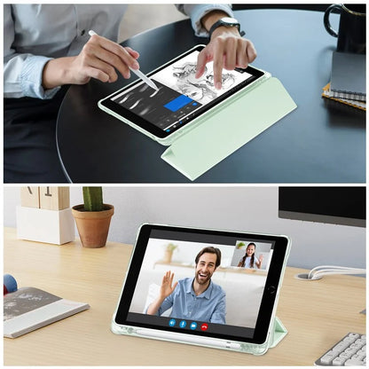 For iPad 10.2 (2021) / (2019) / (2020) Case Tri-Fold Stand Leather Tablet Cover with Pencil Holder