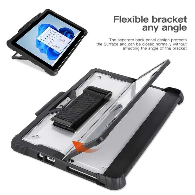 For Microsoft Surface Pro 10 Case Kickstand PC+TPU+Acryclic Clear Tablet Cover with Hand Strap