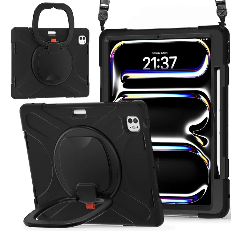 For iPad Pro 13 (2024) Case with Shoulder Strap PC+Silicone Kickstand Tablet Cover