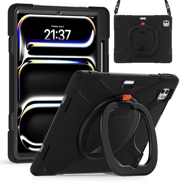 For iPad Pro 13 (2024) Case with Shoulder Strap PC+Silicone Kickstand Tablet Cover
