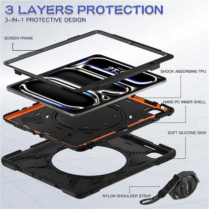 For iPad Pro 13 (2024) Case with Shoulder Strap PC+Silicone Kickstand Tablet Cover