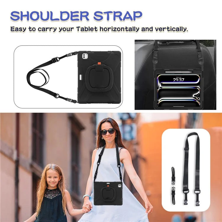 For iPad Pro 13 (2024) Case with Shoulder Strap PC+Silicone Kickstand Tablet Cover